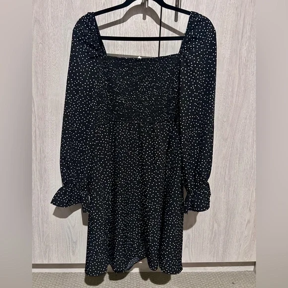Womens Polka Dot Long Sleeve High Waist Smocked Ruffle Swing Short Dress - L - Picture 2 of 5